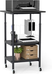 Supporto per Stampante, Carrello Stampante a 3 Livelli con Ripiani di Stoccaggio e Ruote con Blocco, Altezza Regolabile, per Stampante 3D Scanner Fax, 49 x 40 x 65/77 cm (Nero)