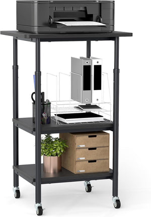 Supporto per Stampante, Carrello Stampante a 3 Livelli con Ripiani di Stoccaggio e Ruote con Blocco, Altezza Regolabile, per Stampante 3D Scanner Fax, 49 x 40 x 65/77 cm (Nero)