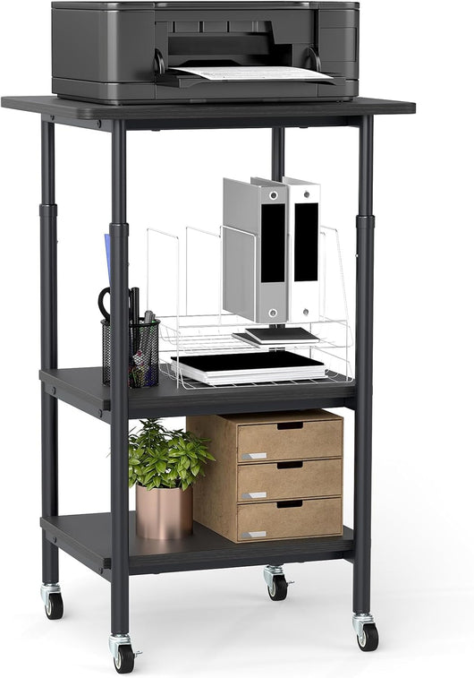 Supporto per Stampante, Carrello Stampante a 3 Livelli con Ripiani di Stoccaggio e Ruote con Blocco, Altezza Regolabile, per Stampante 3D Scanner Fax, 49 x 40 x 65/77 cm (Nero)
