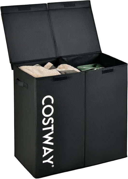 105 L Cesto Portabiancheria con Coperchio, Portabiancheria Sporca con 2 Scomparti e Maniglie, in Tessuto Non Tessuto, Ideale per Bagno Lavanderia, 62 x 31 x 60 cm (Nero)