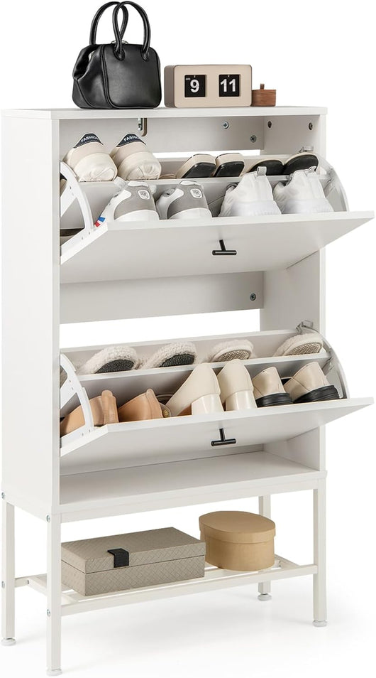 Armadio per Scarpe con 2 Cassetti a Ribalta, Scarpiera Nascosto con Ripiani Regolabili e Rimovibili, Ripiano in Metallo e Dispositivo Antiribaltamento, 60x24x106 cm (Bianco)