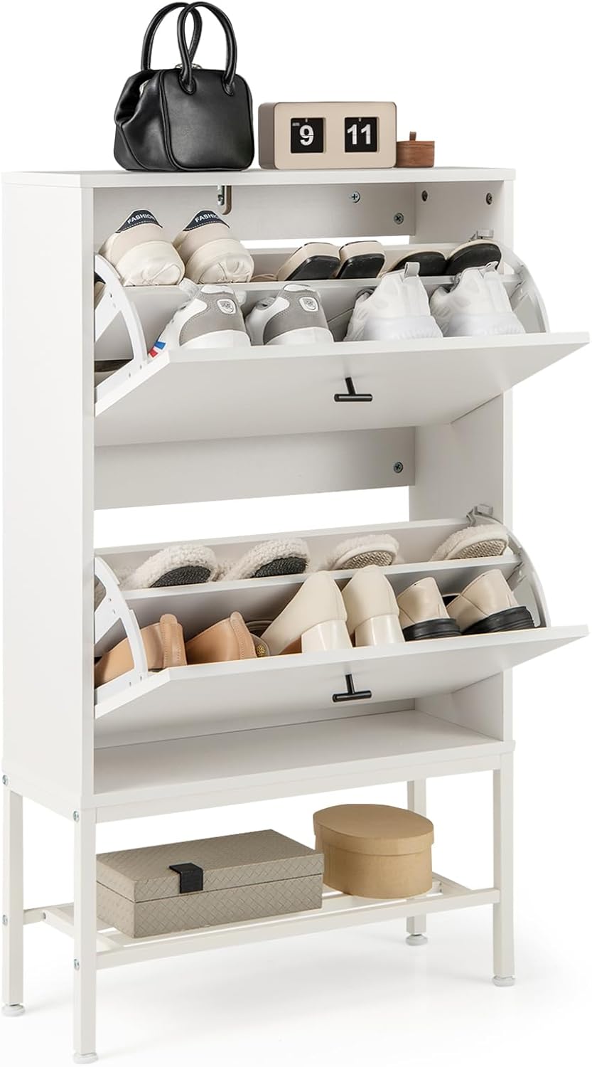 Armadio per Scarpe con 2 Cassetti a Ribalta, Scarpiera Nascosto con Ripiani Regolabili e Rimovibili, Ripiano in Metallo e Dispositivo Antiribaltamento, 60x24x106 cm (Bianco)