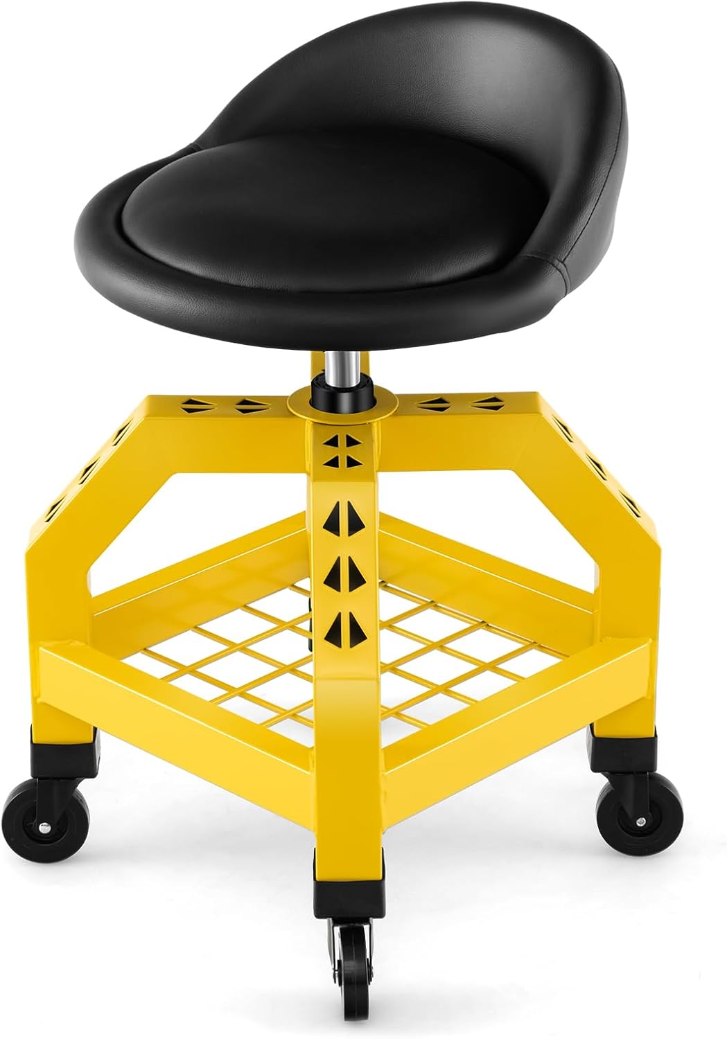 Sgabello da Officina, Sgabello Meccanico Rotante con Vassoio Porta Attrezzi, Regolabile in Altezza e 4 Ruote Universali, Capacità di 150 kg, per Garage, Officina (Giallo)