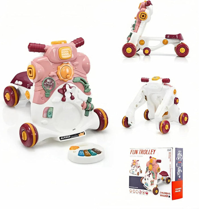 3 in 1 Primi Passi Cavalcabile Spingibile, Giocattolo Educativo con Musica e Luci, con 4 Ruote Antiscivolo, Ideale per Bambini 6-36 Mesi (Rosa)