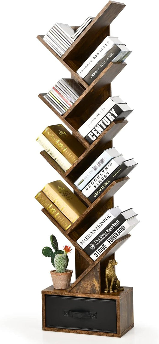 Libreria ad Albero in Legno, Scaffale a 10 Ripiani con Cassetto, Portaoggetti Autoportante per Soggiorno, Studio e Ufficio, 38 x 21,5 x 149,5 cm (Marrone)