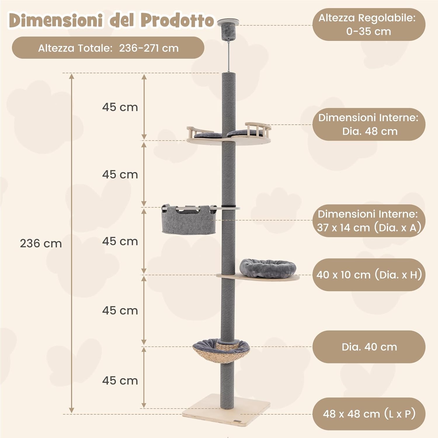 Albero per Gatti da Pavimento a Soffitto con Altezza Regolabile da 236 a 271 cm, Torre per Gatti in Legno a 5 Piani con Amaca, Letto e Cesta e Tiragraffi