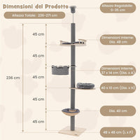 Albero per Gatti da Pavimento a Soffitto con Altezza Regolabile da 236 a 271 cm, Torre per Gatti in Legno a 5 Piani con Amaca, Letto e Cesta e Tiragraffi