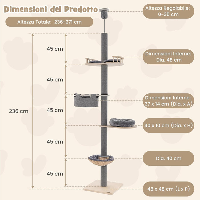 Albero per Gatti da Pavimento a Soffitto con Altezza Regolabile da 236 a 271 cm, Torre per Gatti in Legno a 5 Piani con Amaca, Letto e Cesta e Tiragraffi