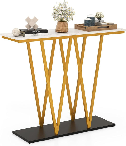 Tavolo Consolle, Tavolo da Ingresso Moderno con Piano in Marmo Finto e Struttura in Metallo e Base per Ripostiglio, Tavolino Stretto e Multiuso per Soggiorno, Ingresso e Corridoio