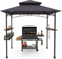 Gazebo per Barbecue, Pergola per BBQ con 2 Ripiani Laterali, Cestino, Ganci Appendiutensili, Apribottiglie, Copertura a 2 Livelli, per Giardino e Cortile, 242 x 153 x 250 cm (Grigio Scuro)