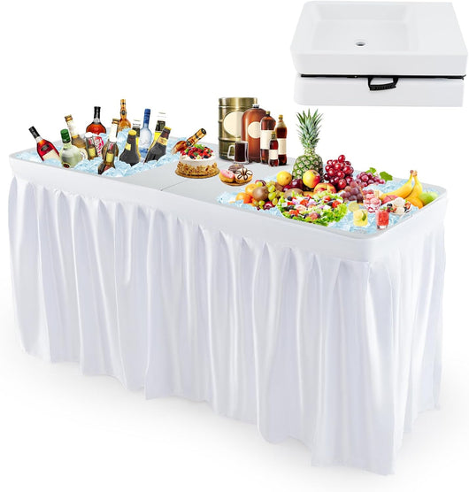 Tavolo refrigerante pieghevole per ghiaccio con doppio lavello profondo e foro di drenaggio, refrigerante per bevande con gonna da tavolo rimovibile, tavolo da giardino portatile per feste