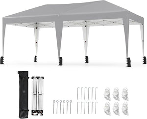 Gazebo Pop-up da Esterno 590 x 300 cm, Gazebo Regolabile in Altezza con Borsa con Ruote, Picchetti, Ancoraggi, Corde Antivento e Sacchi di Sabbia, Tenda Pieghevole per Campeggio (Grigio)