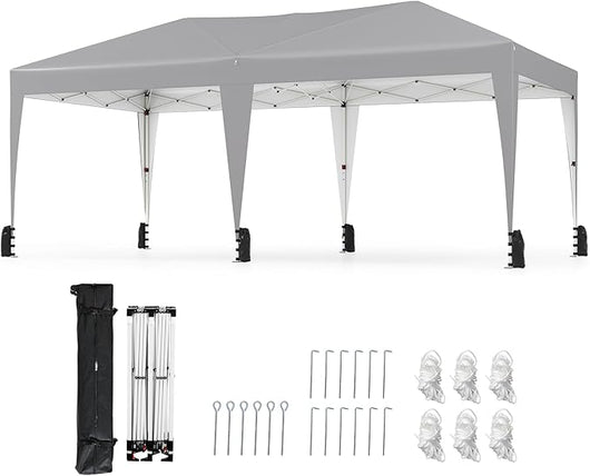 Gazebo Pop-up da Esterno 590 x 300 cm, Gazebo Regolabile in Altezza con Borsa con Ruote, Picchetti, Ancoraggi, Corde Antivento e Sacchi di Sabbia, Tenda Pieghevole per Campeggio (Grigio)