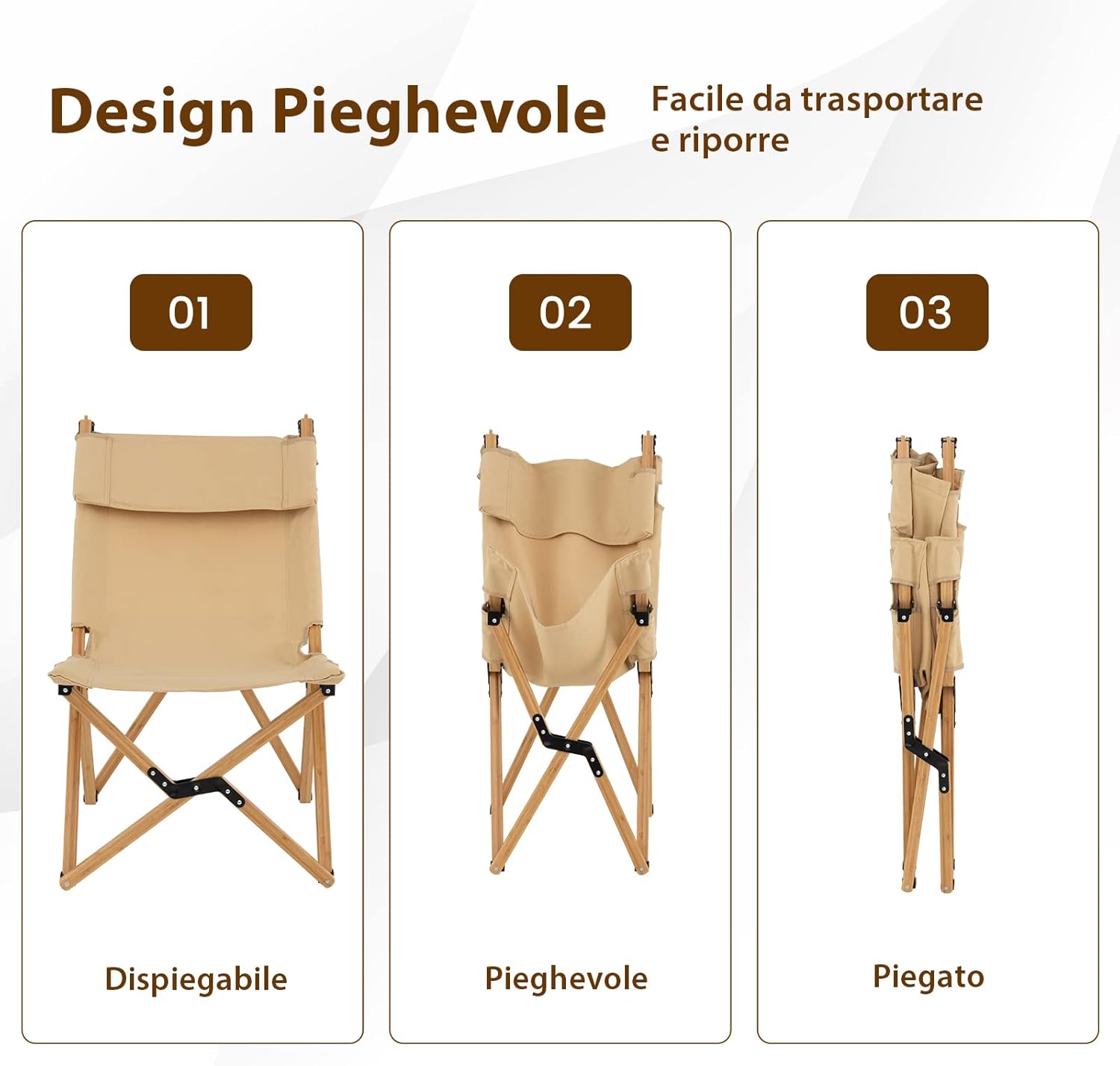 Sedia da Campeggio Pieghevole e Portatile, Sedia in bambù con Schienale Regolabile a 2 Livelli e Borsa, Sedia in Tela Ultraleggera per Picnic, Spiaggia e Patio, Portata 150 kg