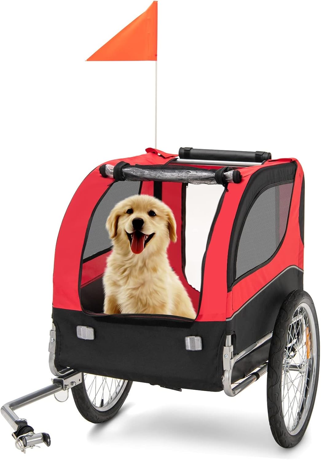 Rimorchio Bici per Animali, Carrello per Bicicletta per Cani di Piccola e Media Taglia con Ruote da 50cm e Tettuccio Apribile, Portata 40 kg, 60,5 x 135 x 95 cm (Rosso)