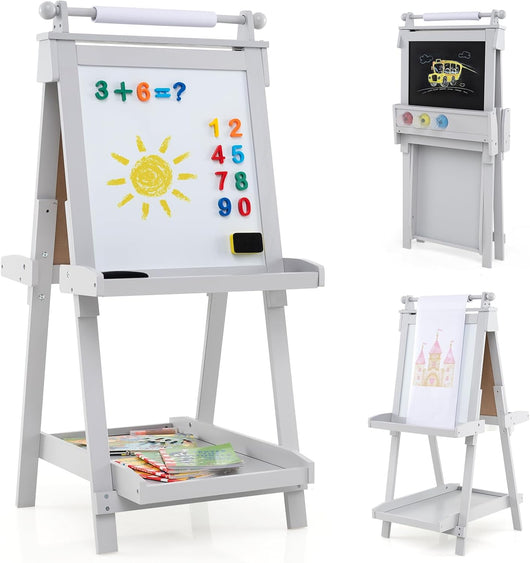 Lavagna per Bambini 3 in 1, Lavagna Magnetica con Lavagna Bifacciale, Rotolo di Carta, Vassoi Portaoggetti e 3 Bicchieri per Pittura, Cavalletto in Legno per Bambini 3+ Anni (Grigio)