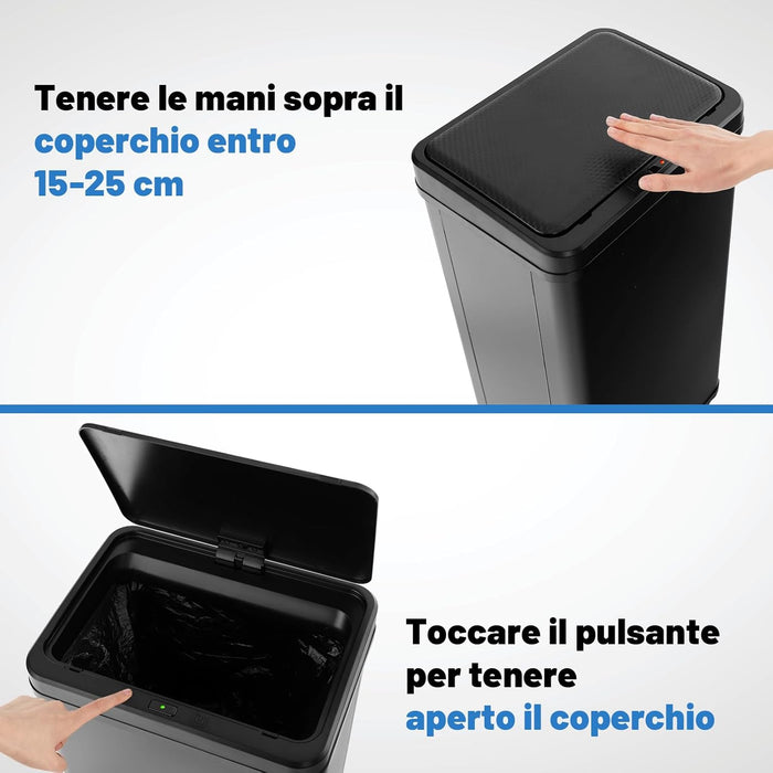 Bidone per Spazzatura in Acciaio Inossidabile 50L, Cestino per Spazzatura Automatico con Sensore di Movimento e Coperchio Rimovibile, con Gambe Staccabili per Cucina Ufficio (Nero)