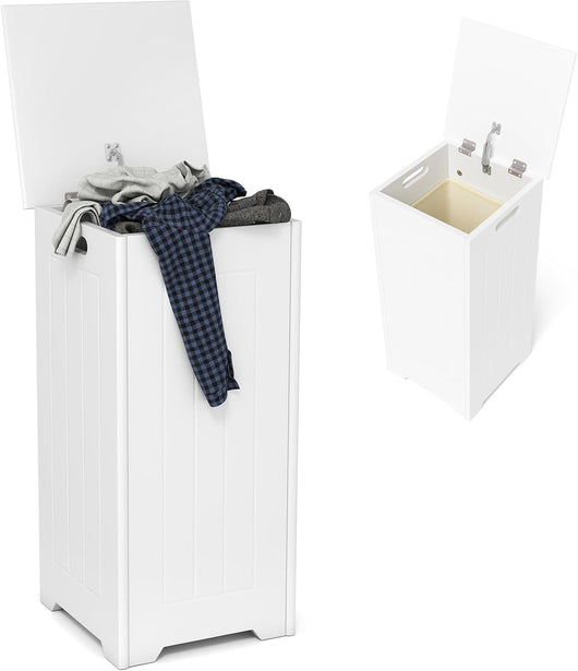 Secchio per Lavanderia da Bagno, Cesto Portabiancheria con Coperchio in Legno, Cesta Panni Sporchi Salvaspazio per il Bucato, 30 x 30 x 61 cm, Bianco (Modello 2, con Tasca)