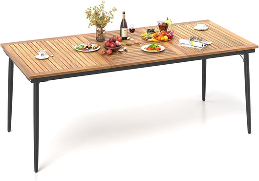 Tavolo da Pranzo a 8 Posti, Tavolo da Giardino 200 cm in Legno di Acacia, con Foro per Ombrellone da 5 cm, Gambe in Metallo, per Giardino, Cortile, Portata 75 kg (Modello 5)