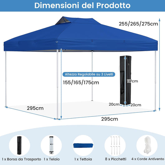 Gazebo Pop-up da 295 x 295 cm, Gazebo da Giardino Impermeabile con Blocco Centrale, Borsa da Trasporto Portatile, Corde Antivento, Picchetti, Tenda Regolabile in Altezza per Feste (Blu Chiaro)