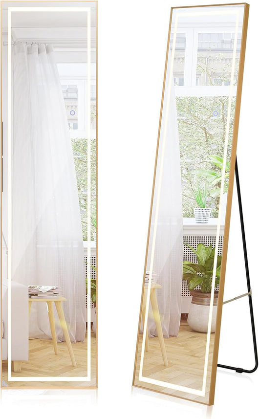 Specchio a Figura Intera con Luci LED, Specchio da Parete con Cornice in Alluminio, Luminosità Regolabile e 3 Colori di Illuminazione, per Camera da Letto Spogliatoio, 37x38x155 cm