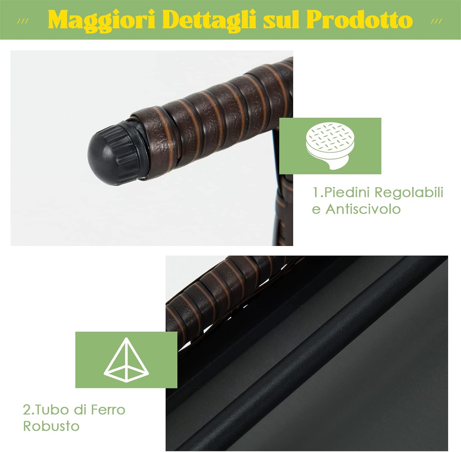 Tavolino da Caffè Rettangolare in Vimini Pieghevole, con Struttura in Acciaio Resistente e Cuscinetti Antiscivolo, Utilizzabile da Interno e Esterno