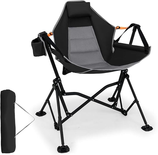 Sedia da Campeggio Amaca, Sedia a Dondolo Pieghevole con Portabicchieri, Schienale Regolabile, Poggiatesta, Sedile a Dondolo per Giardino, Patio, Prato, Portata 150 kg (Nero)