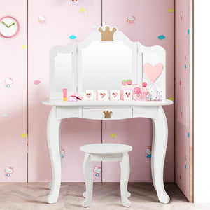 Set Toeletta Trucco e Sedia per Bambine - Smontabile Specchio e Cassetto, Toletta Trucco 2 in 1, 80 x 42 x 105 cm, Bianco
