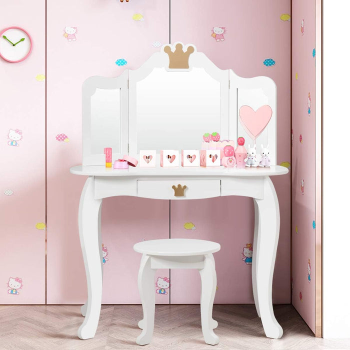 Set Toeletta Trucco e Sedia per Bambine - Smontabile Specchio e Cassetto, Toletta Trucco 2 in 1, 80 x 42 x 105 cm, Bianco