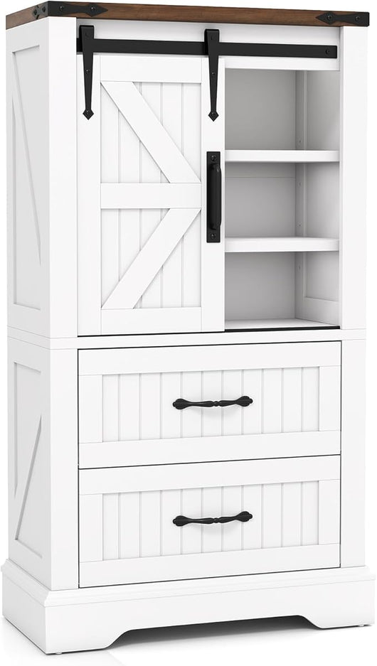 Mobile da Bagno, Armadietto Salvaspazio con Porta Scorrevole a Fienile, Ripiani Regolabili a 2 Cassetti, Mobiletto in Legno per Cucina e Soggiorno, 59 x 29 x 105 cm