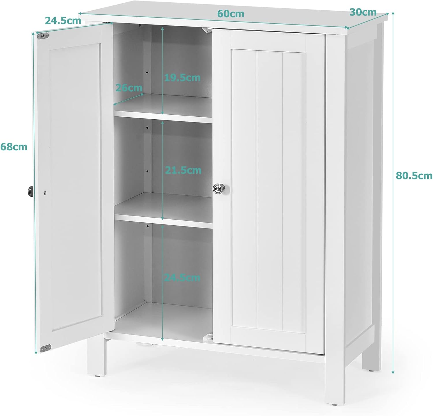 Mobile Bagno con Ripiani 60 x 30 x 80,5 cm, Mobiletto Multiuso con Doppia Anta e Mensola Regolabile, Mobile a Terra Salvaspazio per Casa, Soggiorno e Corridoio (Bianco)