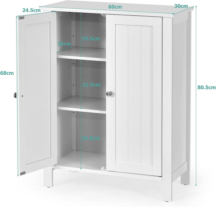 Mobile Bagno con Ripiani 60 x 30 x 80,5 cm, Mobiletto Multiuso con Doppia Anta e Mensola Regolabile, Mobile a Terra Salvaspazio per Casa, Soggiorno e Corridoio (Bianco)