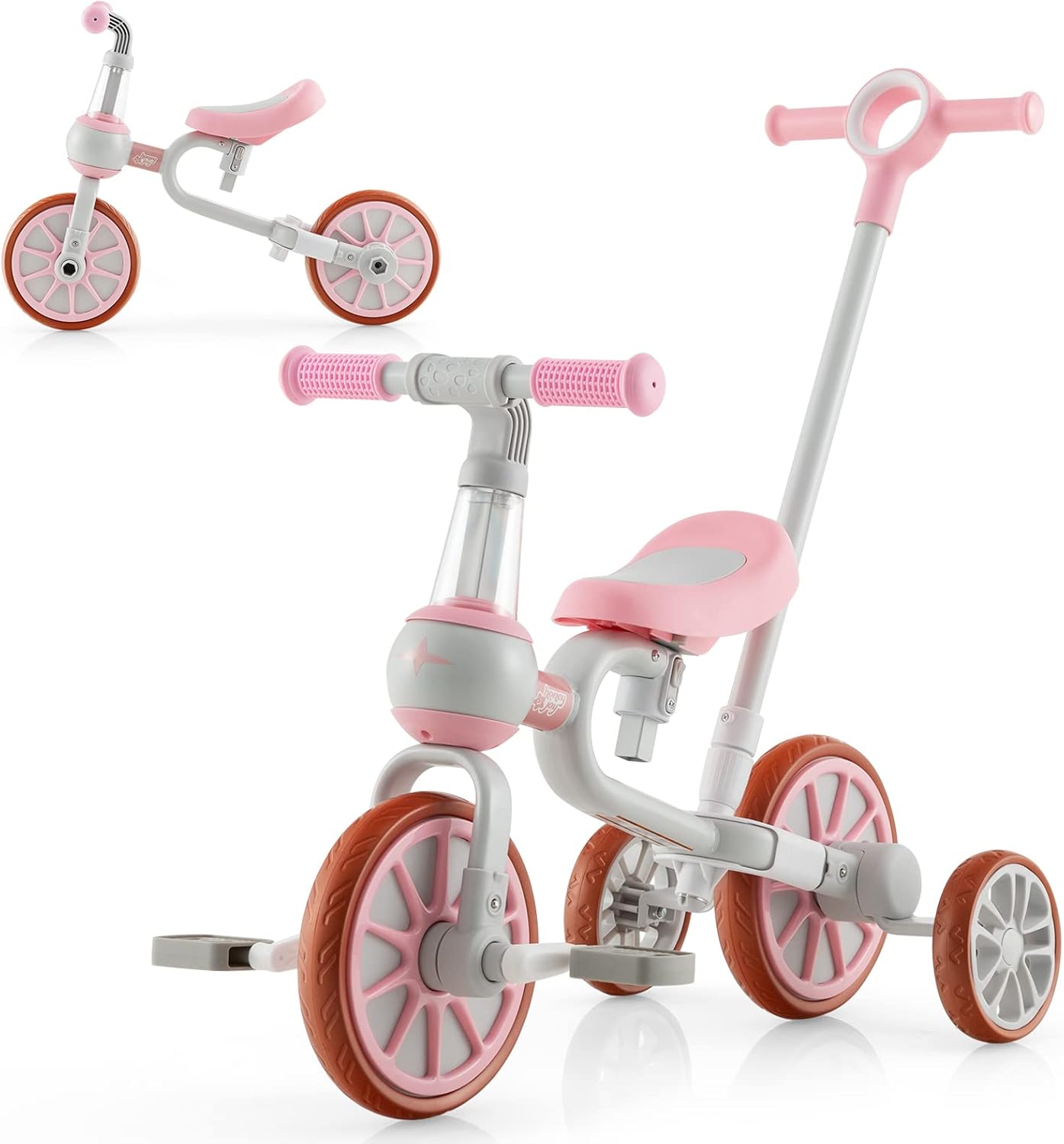 4 in 1 Triciclo per Bambini con Maniglia di Spinta, Triciclo per Bambini Bicicletta Equilibrio con Maniglia, Sedile Regolabili e Pedali Rimovibili, per 2-4 anni (Rosa)