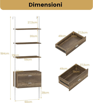 Libreria a Scala 184 cm, Scaffale da Parete a 6 Ripiani con 2 Cassetti e Struttura in Metallo, Ripiano Espositivo Aperto Moderno per Soggiorno Studio Ufficio, 60 x 30 x 184 cm (Naturale)