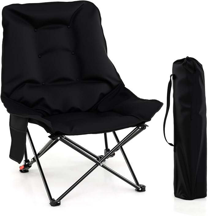 Sedia da Campeggio Portatile, Sedia Pieghevole Imbottita con Schienale Regolabile e Tasca Laterale, Seduta da Giardino in Metallo con Borsa da Trasporto, Portata 150 kg