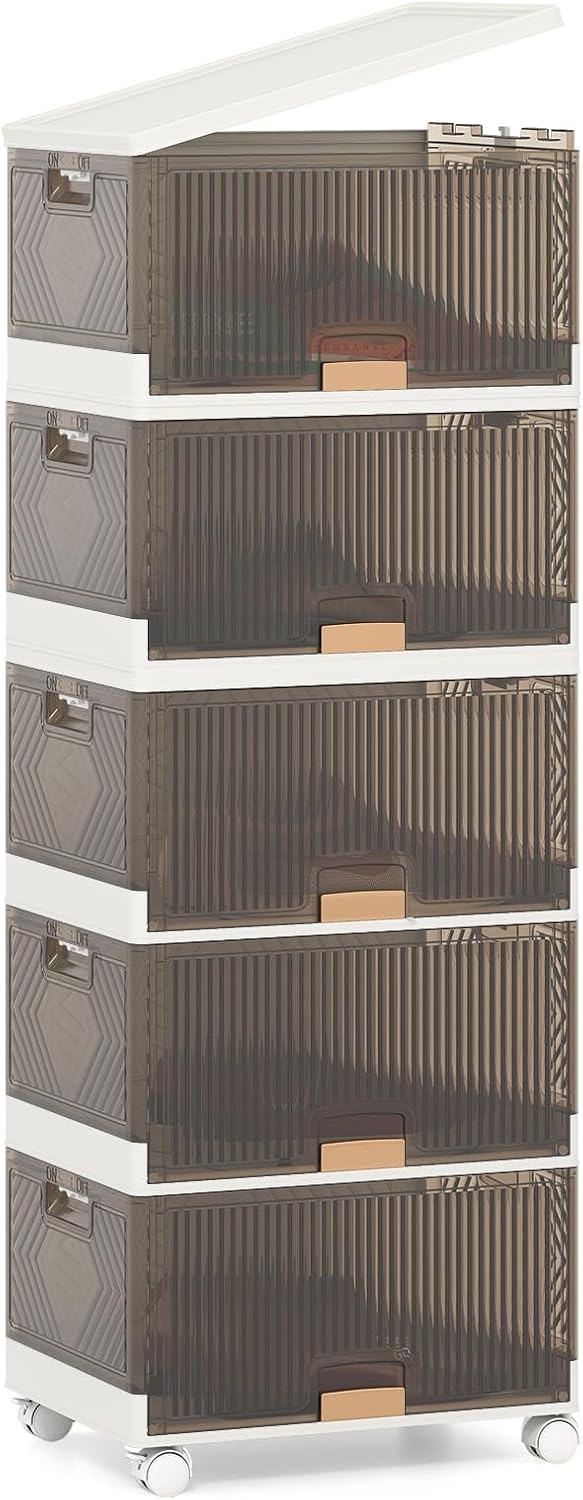 Scatole Immagazzinaggio Impilabili e Pieghevole con Ruote, Contenitore a 5 Ripiani con Coperchi, Organizzatori Trasparente, per Camera da Letto e Soggiorno, Bianco (37,5 x 27,5 x 101,5 cm)