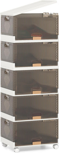 Scatole Immagazzinaggio Impilabili e Pieghevole con Ruote, Contenitore a 5 Ripiani con Coperchi, Organizzatori Trasparente, per Camera da Letto e Soggiorno, Bianco (37,5 x 27,5 x 101,5 cm)