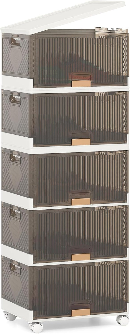 Scatole Immagazzinaggio Impilabili e Pieghevole con Ruote, Contenitore a 5 Ripiani con Coperchi, Organizzatori Trasparente, per Camera da Letto e Soggiorno, Bianco (37,5 x 27,5 x 101,5 cm)