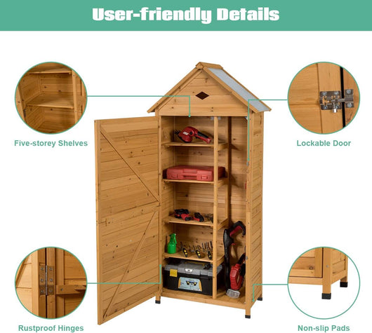 Cassetta Attrezzi 80 x 45 x 177 cm, Armadio da Esterno Portastrumenti a 5 Ripiani Box Casetta Ripostiglio Porta Attrezzi da Giardino in Legno Massello di Abete