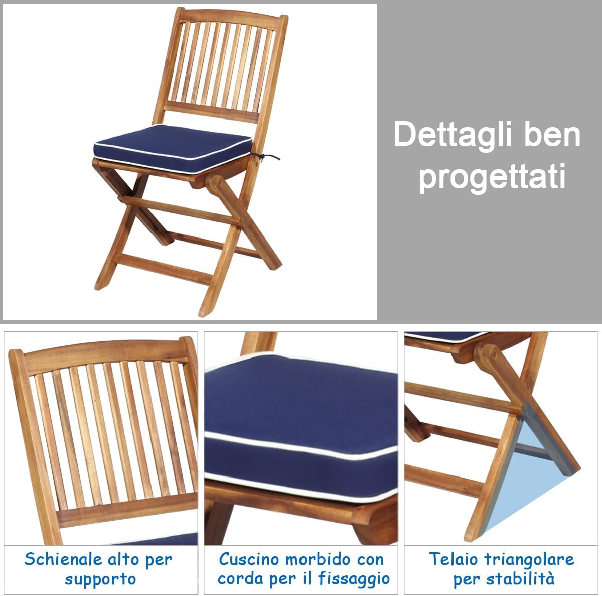 Set Tavolo e Sedie da Giardino, Set Mobili da Giardino Pieghevoli 3 Pezzi in Legno di Acacia, con Cuscini, Arredo Giardino per Giardino Terrazzo Balcone (Cuscini Blu)