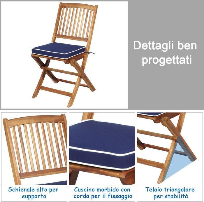 Set Tavolo e Sedie da Giardino, Set Mobili da Giardino Pieghevoli 3 Pezzi in Legno di Acacia, con Cuscini, Arredo Giardino per Giardino Terrazzo Balcone (Cuscini Blu)