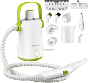 1000W Pulitore a Vapore Multiuso, Macchina a Vapore Portatile con 10 Accessori Serbatoio da 300 ml, Pulizia a Vapore con Tubo Flessibile per Cucina Bagno Finestre (Verde)