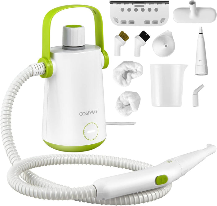 1000W Pulitore a Vapore Multiuso, Macchina a Vapore Portatile con 10 Accessori Serbatoio da 300 ml, Pulizia a Vapore con Tubo Flessibile per Cucina Bagno Finestre (Verde)