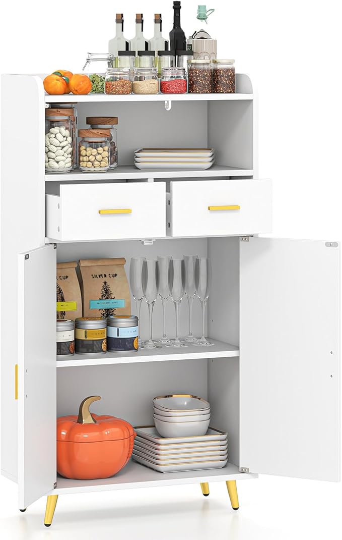 Mobiletto Bagno Salvaspazio 60 x 30 x 113 cm, Credenza Soggiorno con Ante, 2 Cassetti e Ripiano Regolabile, Armadietto da Cucina per Sala da Pranzo e Lavanderia (Bianco)