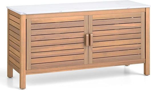 Baule da Esterno, Armadietto Moderno in Legno di Acacia a 2 Ante con Piano in Finto Marmo, Contenitore da Esterno per Terrrazza, Giardino, Prato e Cortile, 109 x 40 x 60 cm