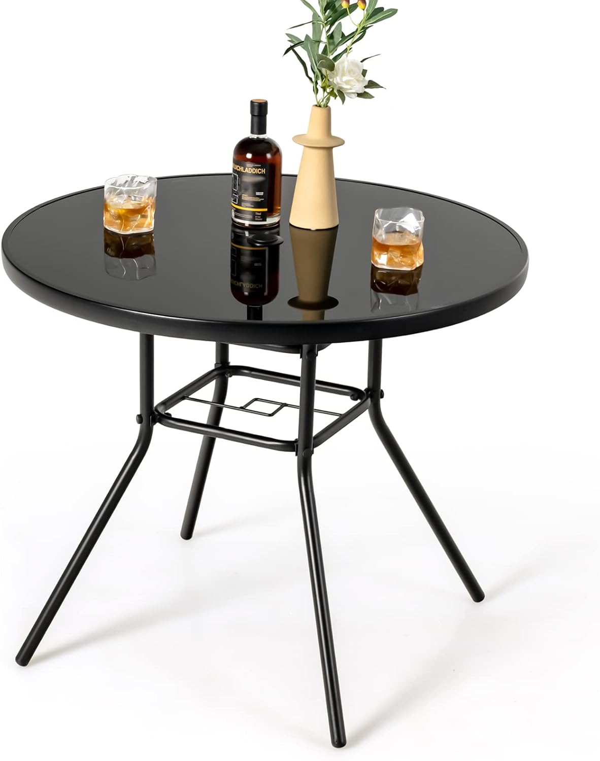Tavolo Rotondo da Giardino con Buco per Ombrellone, Tavolo da Esterno in Vetro Temperato Struttura in Metallo, Tavolino per Balcone, Terrazza, Sala Pranzo e Soggiorno, 86 x 86 x 71 cm, Nero