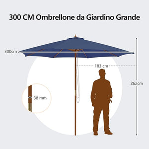 Ombrellone da Giardino 300 x 300 cm, Ombrellone Pieghevole con 8 Stecche di Bambù, 3 Altezze Regolabili, Ombrellone da Parasole Impermeabile, per Giardino Cortile Piscina