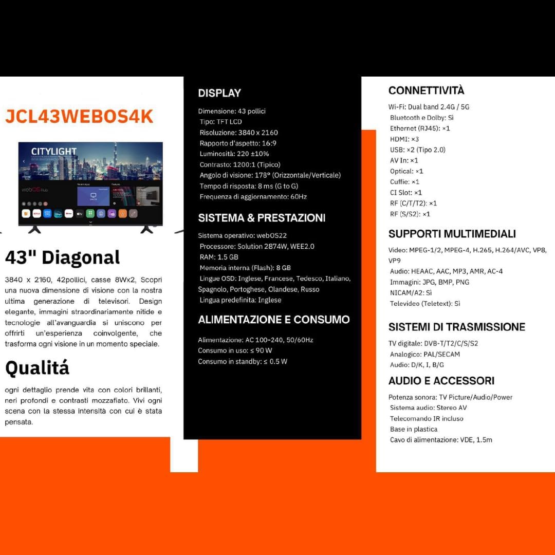 JCL Smart TV 43 Pollici 4K UHD HDR, Android TV, Wi-Fi, DVB-T2, Tripla Porta HDMI, USB, VESA, Modello JCL43WEBOS4K