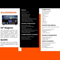 JCL Smart TV 43 Pollici 4K UHD HDR, Android TV, Wi-Fi, DVB-T2, Tripla Porta HDMI, USB, VESA, Modello JCL43WEBOS4K