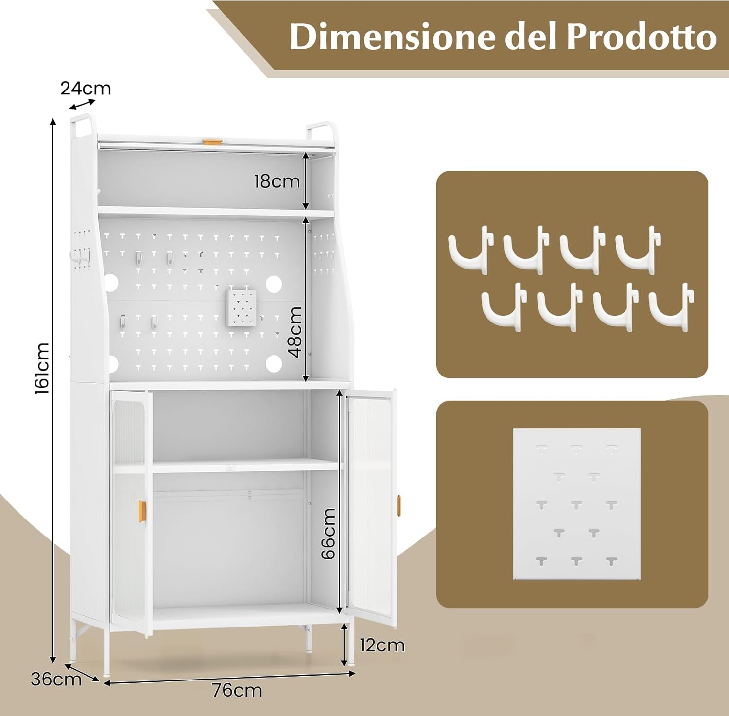 Mobile Dispensa per Cucina, Mobile da Forno Autonomo con Pannello Forato, Porte Trasparenti, Ripiano Regolabile, 8 Ganci e 1 Cestello appendibile, 76 x 36 x 161 cm